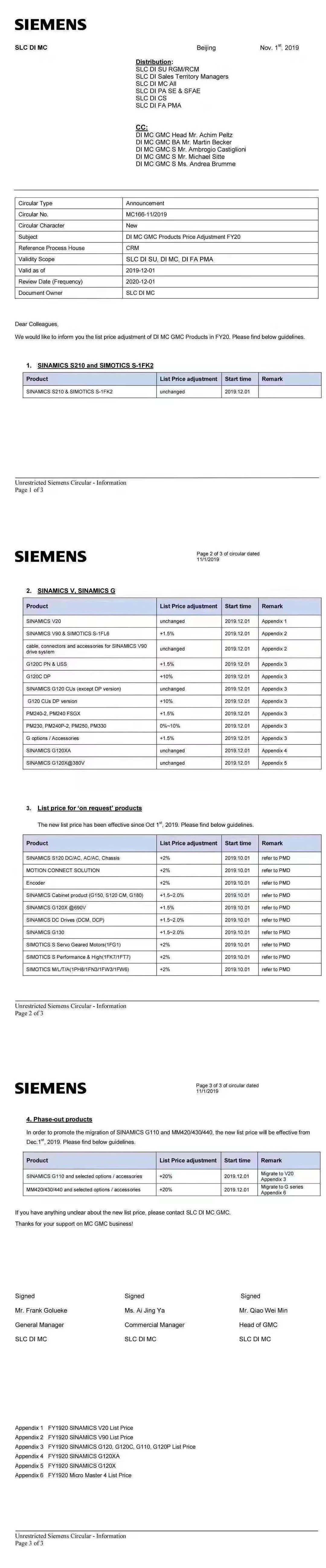 price adjustment -siemens